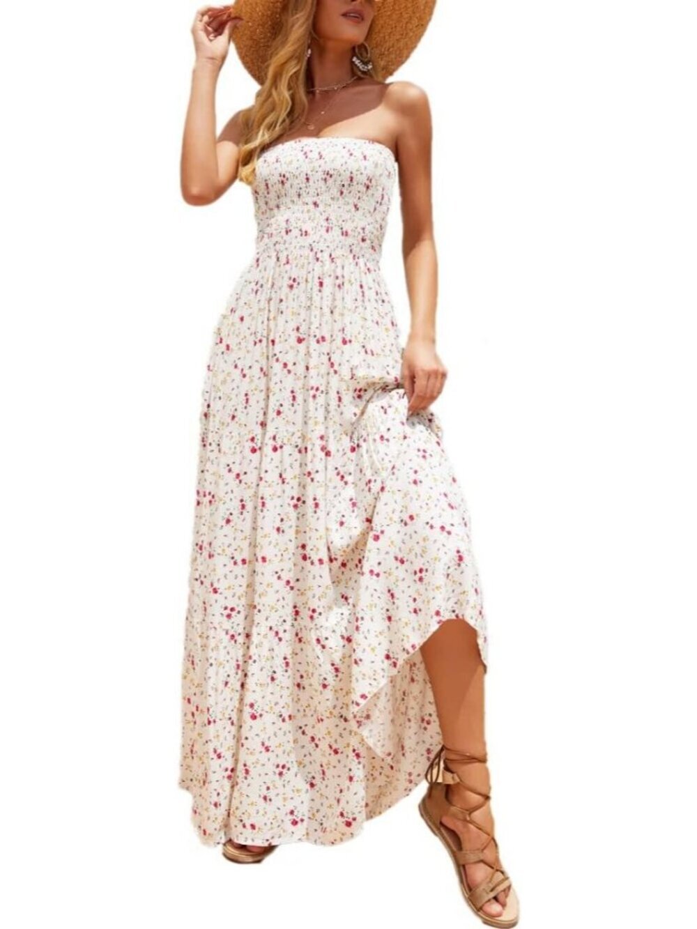 Women's White Flower Casual Off Shoulder  Strapless Tube Top Beach Maxi Dress